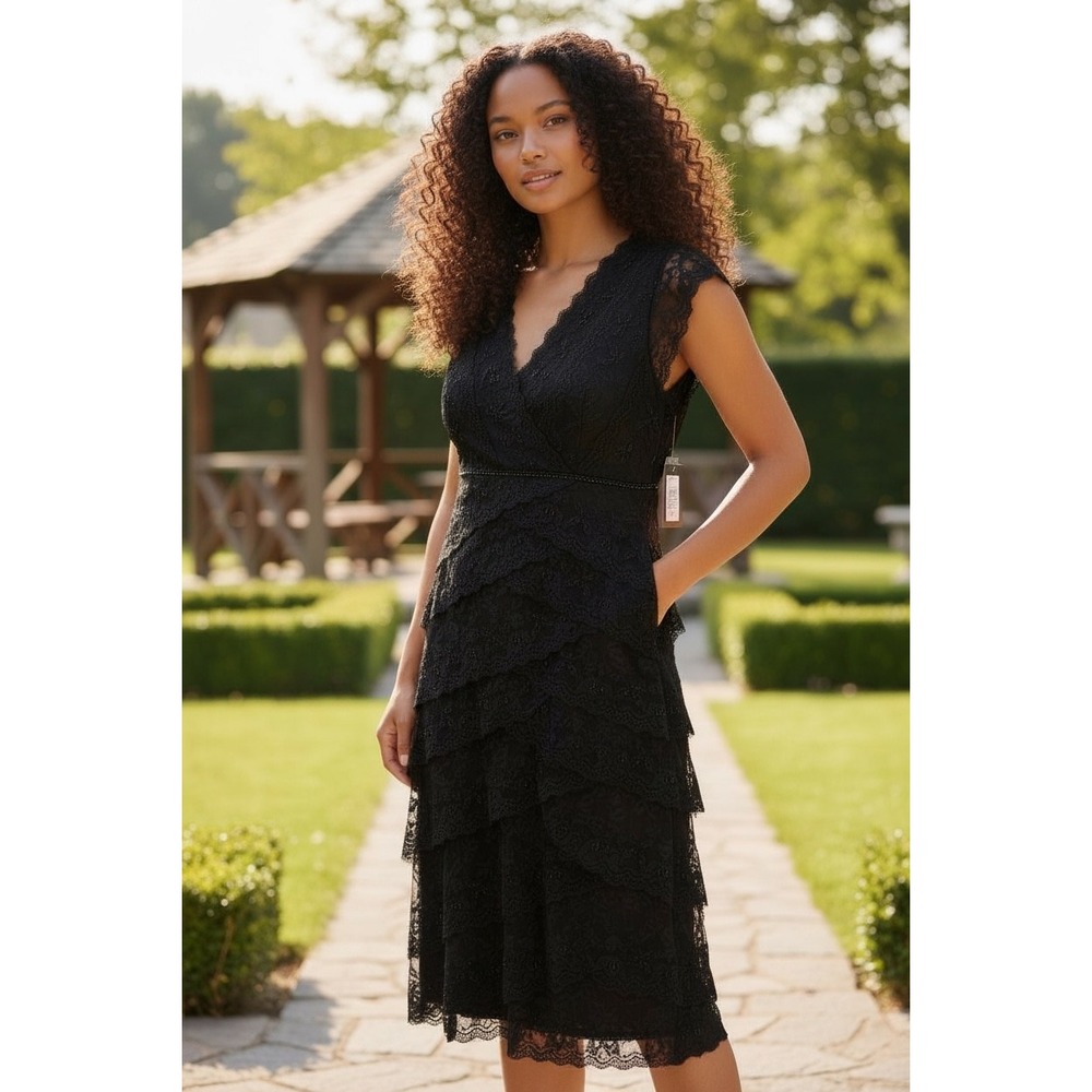Marina Black Lace Tiered V Neck Cap Sleeve sequin Sheath Dress 90s classic sz 16